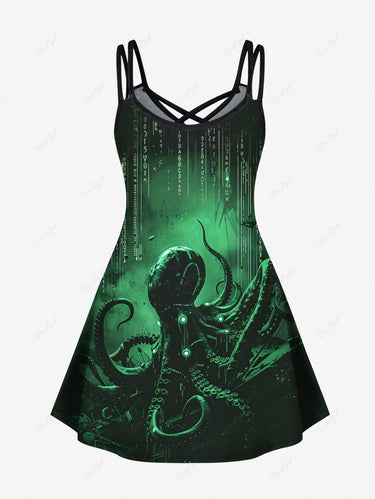 Gothic Plus Size Ombre Octopus Print Hawaii Crisscross Strappy A Line Cami Dress