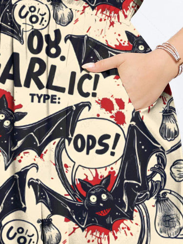 Gothic Plus Size Bloody Bat Letters Print Halloween Costume Split Pocket A Line Midi Dress