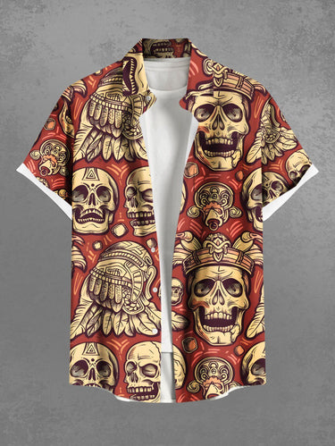 Gothic Plus Size Ethnic Skull Print Button Pocket Shirt For Men
