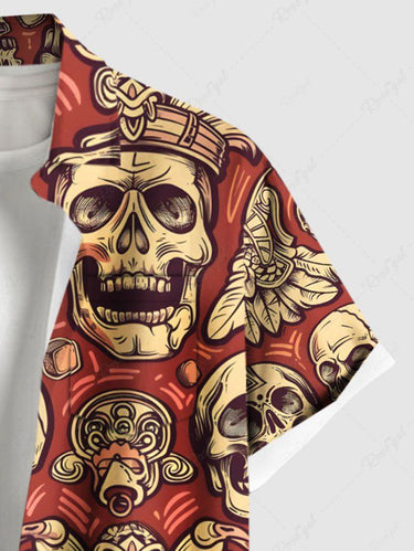 Gothic Plus Size Ethnic Skull Print Button Pocket Shirt For Men