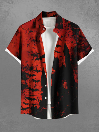 Gothic Plus Size Ink Painting Bat Castle Print Halloween Button Pocket Shirt For Men