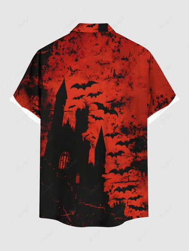 Gothic Plus Size Ink Painting Bat Castle Print Halloween Button Pocket Shirt For Men