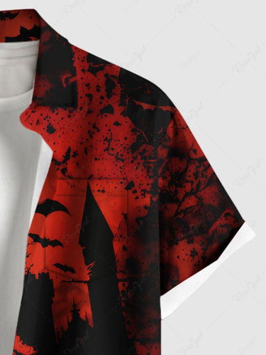 Gothic Plus Size Ink Painting Bat Castle Print Halloween Button Pocket Shirt For Men