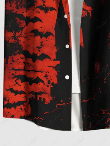 Gothic Plus Size Ink Painting Bat Castle Print Halloween Button Pocket Shirt For Men