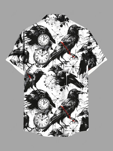 Gothic Plus Size Ink Painting Crow Clock Print Button Pocket Shirt For Men