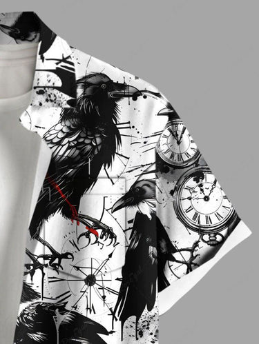 Gothic Plus Size Ink Painting Crow Clock Print Button Pocket Shirt For Men