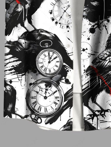 Gothic Plus Size Ink Painting Crow Clock Print Button Pocket Shirt For Men