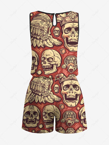 Gothic Plus Size Ethnic Skull Print Drawstring Pocket Romper