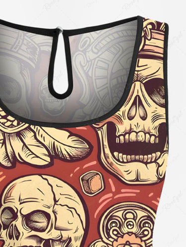 Gothic Plus Size Ethnic Skull Print Drawstring Pocket Romper