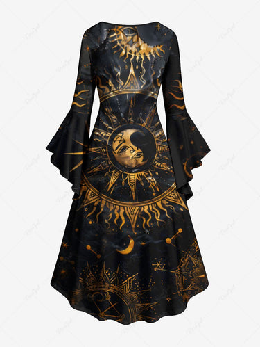 Gothic Plus Size Sun Moon Divination Symbols Print Ruched High Low Asymmetric Dress