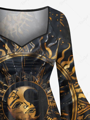 Gothic Plus Size Sun Moon Divination Symbols Print Ruched High Low Asymmetric Dress