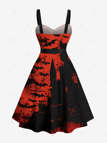 Gothic Plus Size Ink Painting Bat Castle Print Halloween Costume Button A Line Dress with Removable Belt
