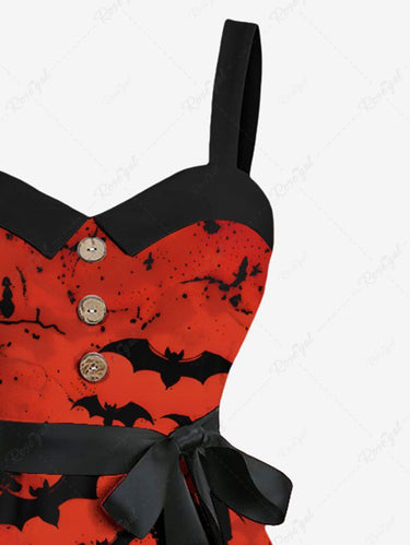 Gothic Plus Size Ink Painting Bat Castle Print Halloween Costume Button A Line Dress with Removable Belt