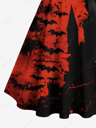 Gothic Plus Size Ink Painting Bat Castle Print Halloween Costume Button A Line Dress with Removable Belt