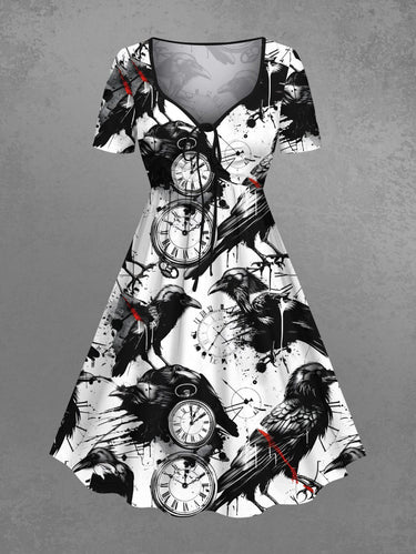Gothic Plus Size Ink Painting Crow Clock Print Cinched A Line Dress