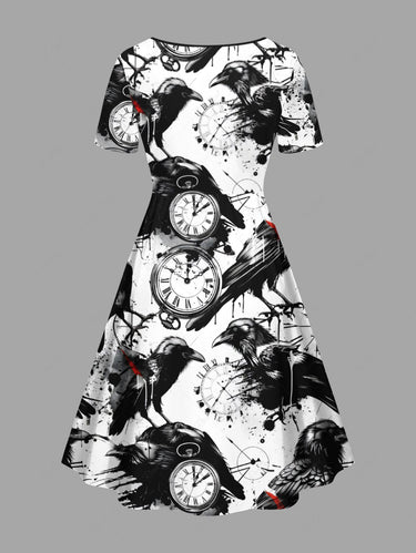 Gothic Plus Size Ink Painting Crow Clock Print Cinched A Line Dress