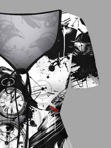 Gothic Plus Size Ink Painting Crow Clock Print Cinched A Line Dress