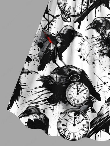 Gothic Plus Size Ink Painting Crow Clock Print Cinched A Line Dress