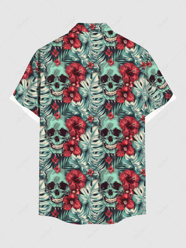Gothic Plus Size Skull Tropical Leaf Hibiscus Flower Print Hawaii Button Pocket Shirt For Men