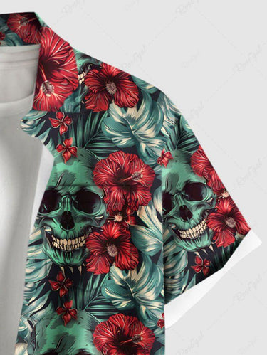 Gothic Plus Size Skull Tropical Leaf Hibiscus Flower Print Hawaii Button Pocket Shirt For Men