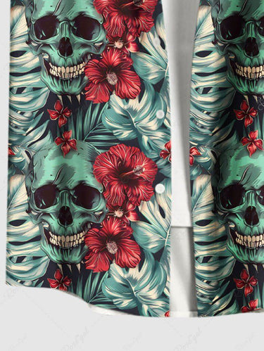 Gothic Plus Size Skull Tropical Leaf Hibiscus Flower Print Hawaii Button Pocket Shirt For Men