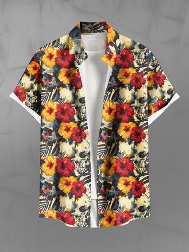 Gothic Plus Size Skull Tropical Leaf Hibiscus Flower Print Hawaii Button Pocket Shirt For Men