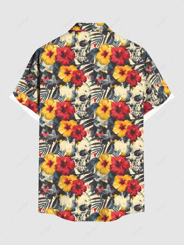 Gothic Plus Size Skull Tropical Leaf Hibiscus Flower Print Hawaii Button Pocket Shirt For Men