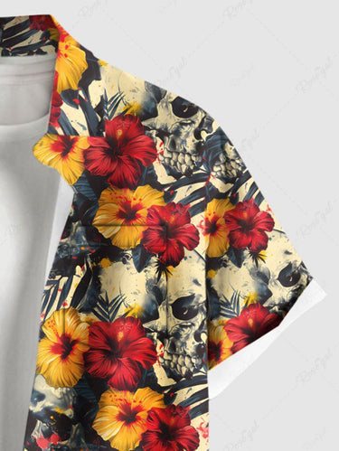 Gothic Plus Size Skull Tropical Leaf Hibiscus Flower Print Hawaii Button Pocket Shirt For Men