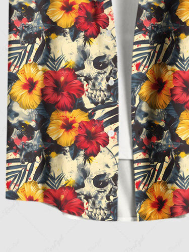 Gothic Plus Size Skull Tropical Leaf Hibiscus Flower Print Hawaii Button Pocket Shirt For Men
