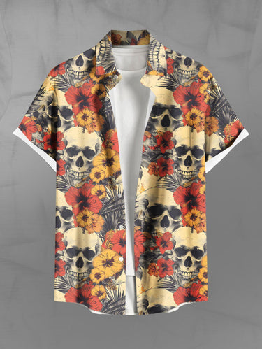 Gothic Plus Size Skull Tropical Leaf Hibiscus Flower Print Hawaii Button Pocket Shirt For Men