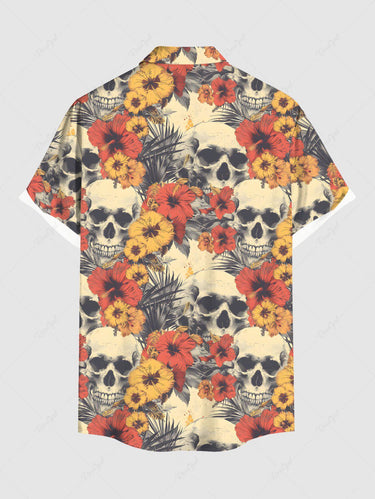 Gothic Plus Size Skull Tropical Leaf Hibiscus Flower Print Hawaii Button Pocket Shirt For Men