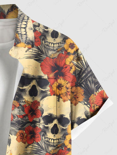 Gothic Plus Size Skull Tropical Leaf Hibiscus Flower Print Hawaii Button Pocket Shirt For Men