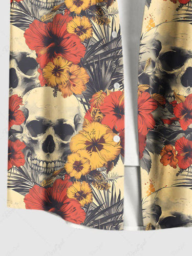 Gothic Plus Size Skull Tropical Leaf Hibiscus Flower Print Hawaii Button Pocket Shirt For Men