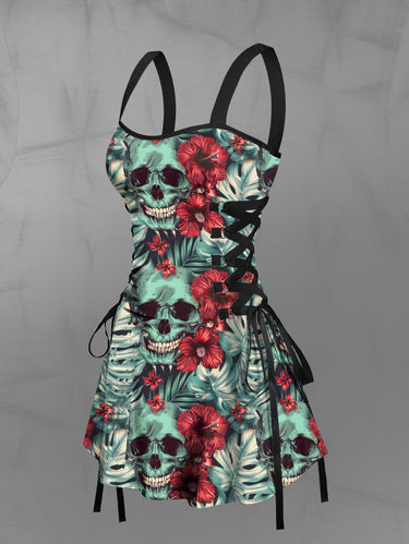 Gothic Skull Tropical Leaf Hibiscus Flower Print Hawaii Lace Up A Line Tank Dress