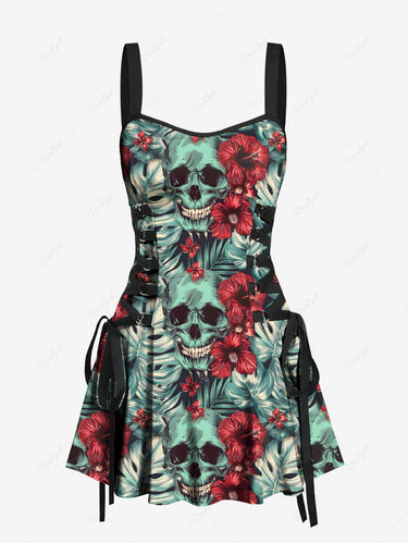Gothic Skull Tropical Leaf Hibiscus Flower Print Hawaii Lace Up A Line Tank Dress