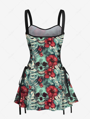 Gothic Skull Tropical Leaf Hibiscus Flower Print Hawaii Lace Up A Line Tank Dress
