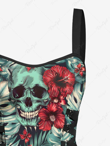 Gothic Skull Tropical Leaf Hibiscus Flower Print Hawaii Lace Up A Line Tank Dress