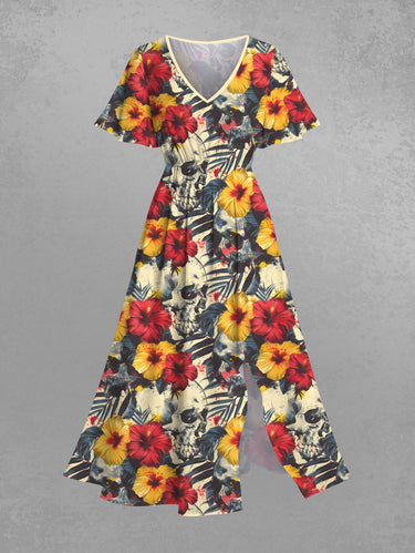 Gothic Plus Size Skull Tropical Leaf Hibiscus Flower Print Hawaii Split Pocket A Line Midi Dress