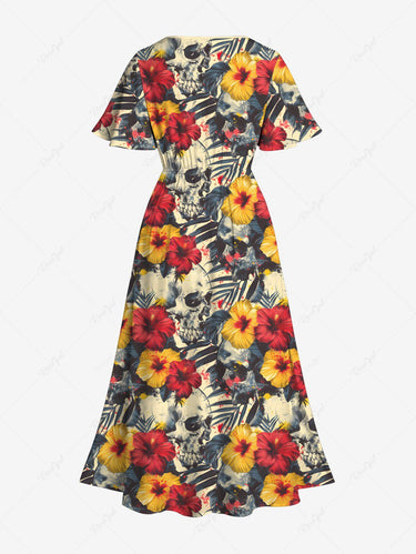 Gothic Plus Size Skull Tropical Leaf Hibiscus Flower Print Hawaii Split Pocket A Line Midi Dress