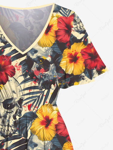Gothic Plus Size Skull Tropical Leaf Hibiscus Flower Print Hawaii Split Pocket A Line Midi Dress