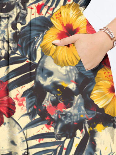Gothic Plus Size Skull Tropical Leaf Hibiscus Flower Print Hawaii Split Pocket A Line Midi Dress