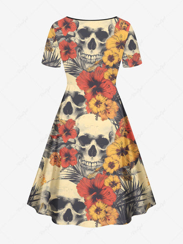 Gothic Plus Size Skull Tropical Leaf Hibiscus Flower Print Hawaii Cinched A Line Dress