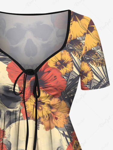 Gothic Plus Size Skull Tropical Leaf Hibiscus Flower Print Hawaii Cinched A Line Dress