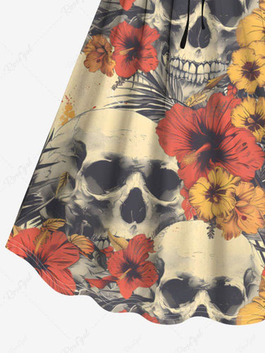 Gothic Plus Size Skull Tropical Leaf Hibiscus Flower Print Hawaii Cinched A Line Dress