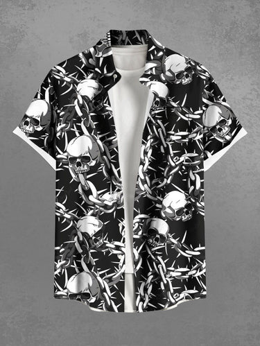 Gothic Plus Size Skulls Chains Print Buttons Pocket Halloween Shirt For Men