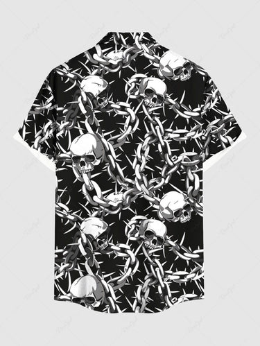 Gothic Plus Size Skulls Chains Print Buttons Pocket Halloween Shirt For Men
