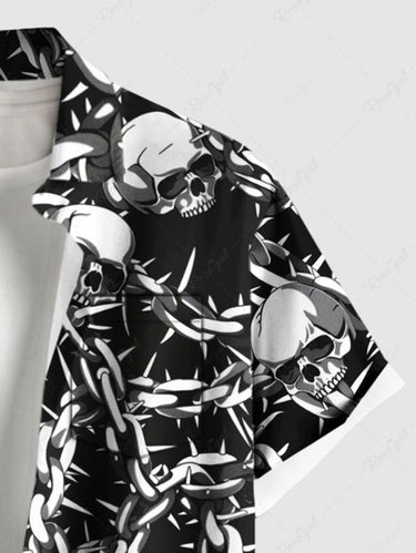 Gothic Plus Size Skulls Chains Print Buttons Pocket Halloween Shirt For Men