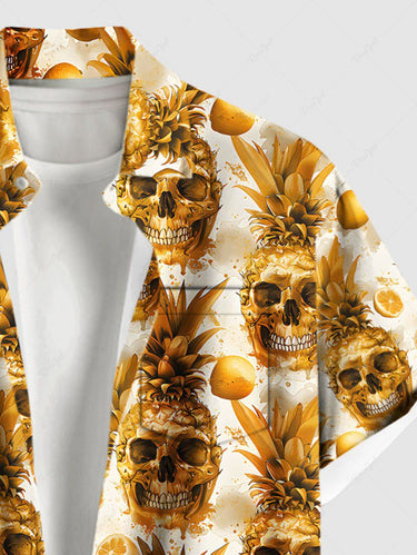 Gothic Plus Size Skulls Pineapple Lemon Print Buttons Pocket Shirt For Men