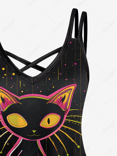 Gothic Plus Size Cats Galaxy Planet UFO Print Crisscross Cami Dress