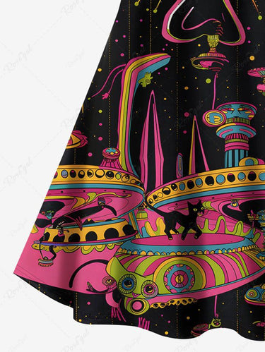 Gothic Plus Size Cats Galaxy Planet UFO Print Crisscross Cami Dress